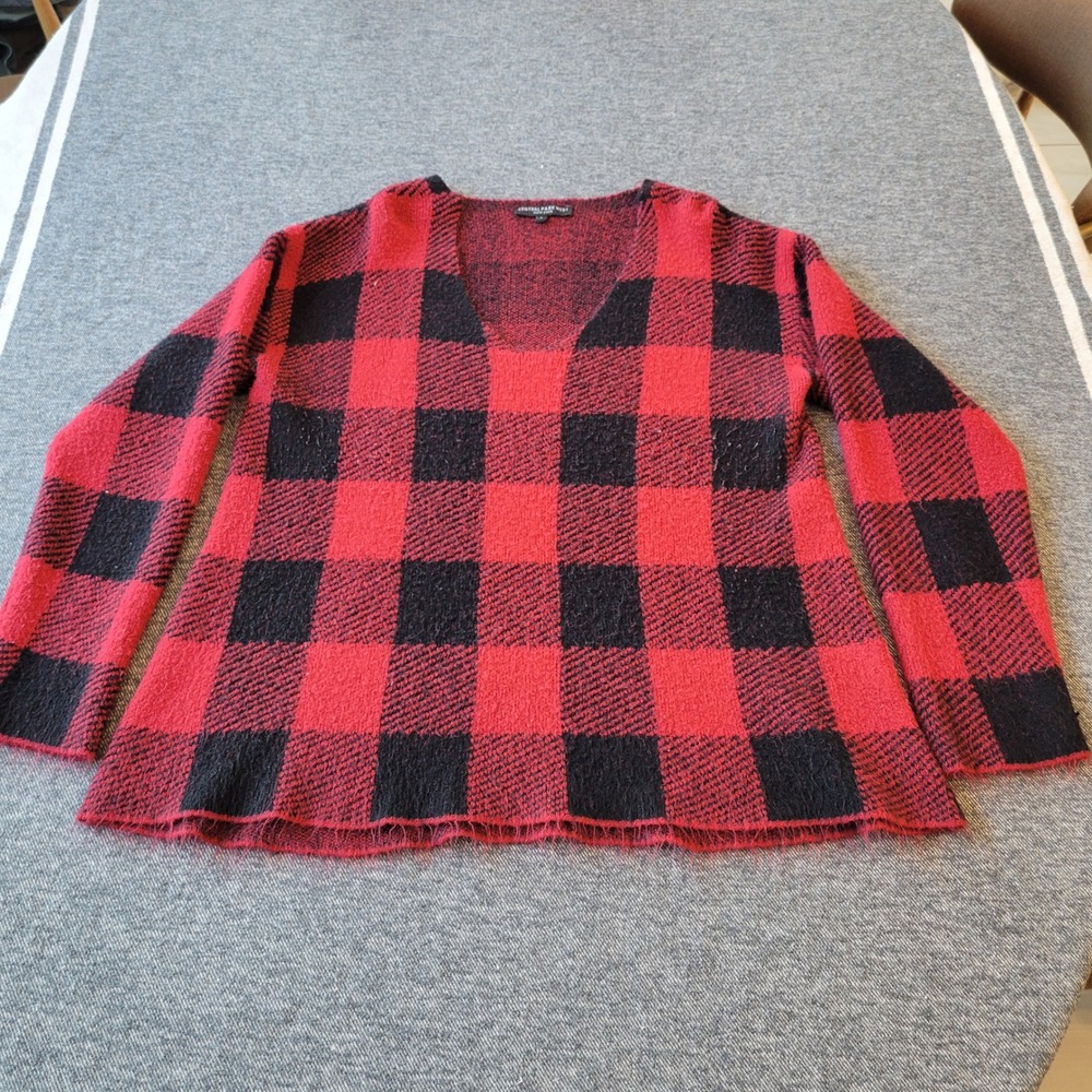 Central Park West Red Black Buffalo Plaid V-Neck Sweater Women Large Eyelash Hem